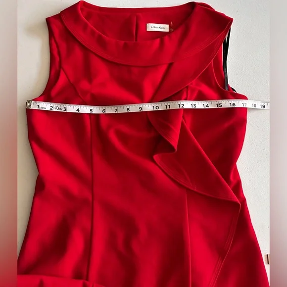 Calvin Klein Red Formal Classy Midi Length Sheath Fitted Ruffle Front Size 8 - Picture 7 of 11